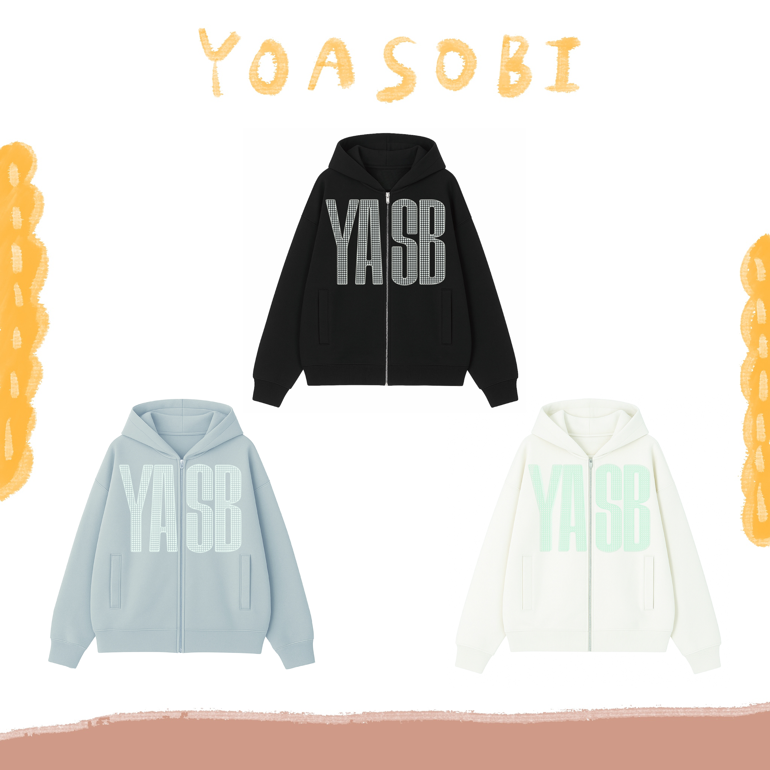 ⭐ YOASOBI - YASB Rhinestone - Logo Zip Hoodie ♪︎ - 【中期預購