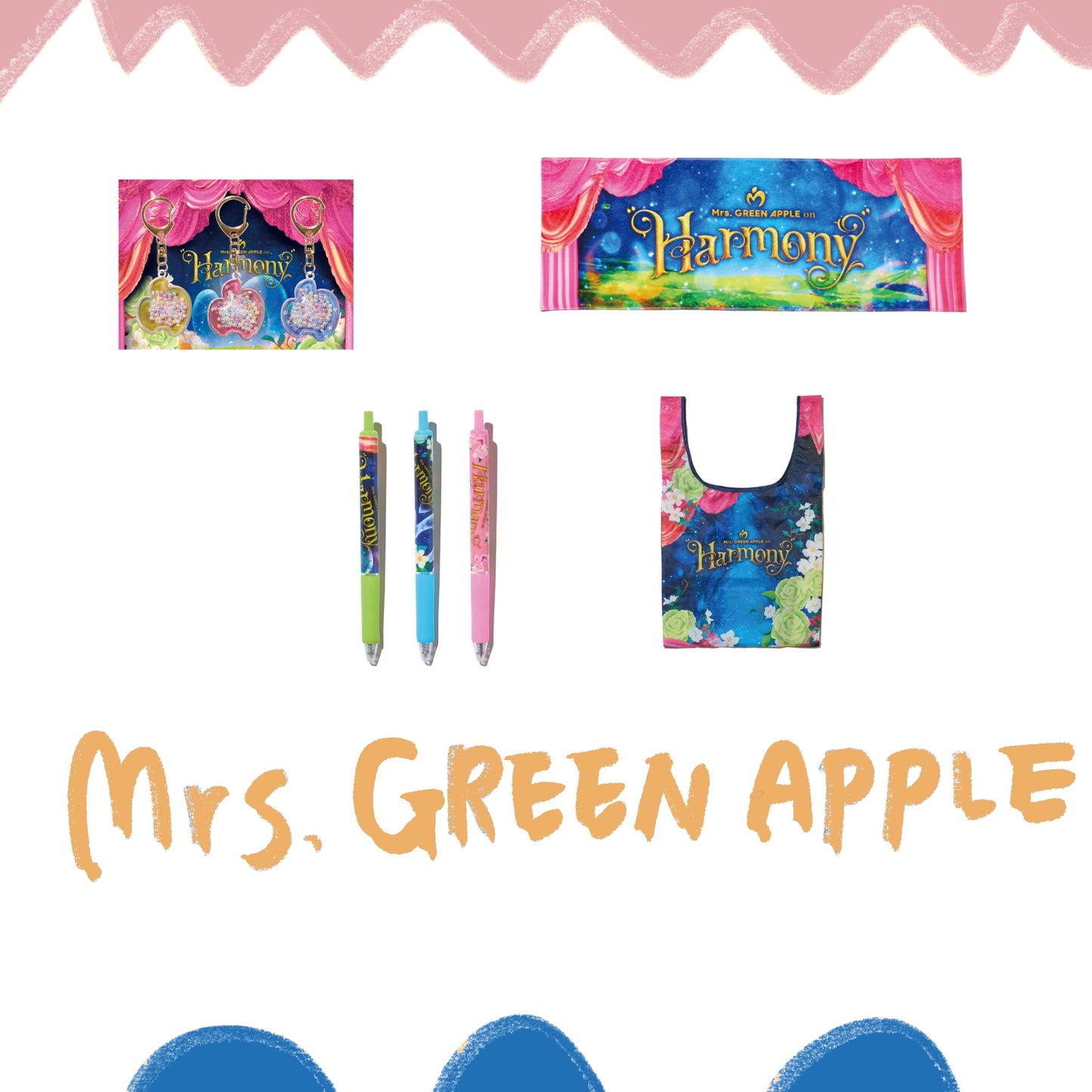 🍏 Mrs. GREEN APPLE - on “Harmony” Live Goods - 鑰匙圈/毛巾/可收納購物袋/原子筆組 ♪︎