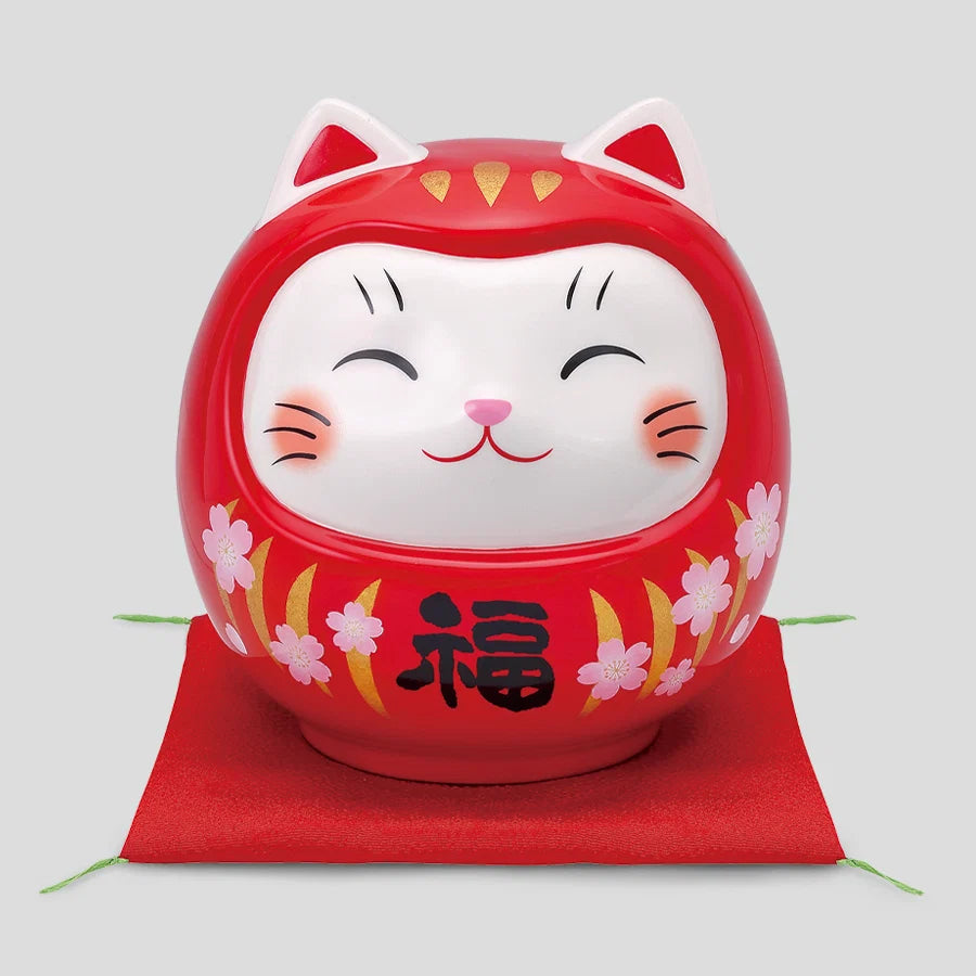中外陶園– 藥師窯 - 彩繪開運貓達摩存錢筒 - 櫻紅福 ♪