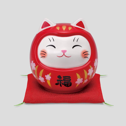 中外陶園– 藥師窯 - 彩繪開運貓達摩存錢筒 - 櫻紅福 ♪